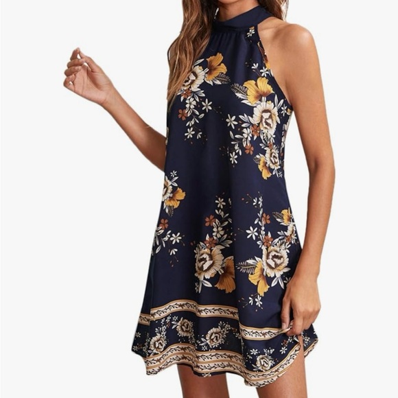 Dresses & Skirts - Floral Halter Neck Dress - Navy and Orange